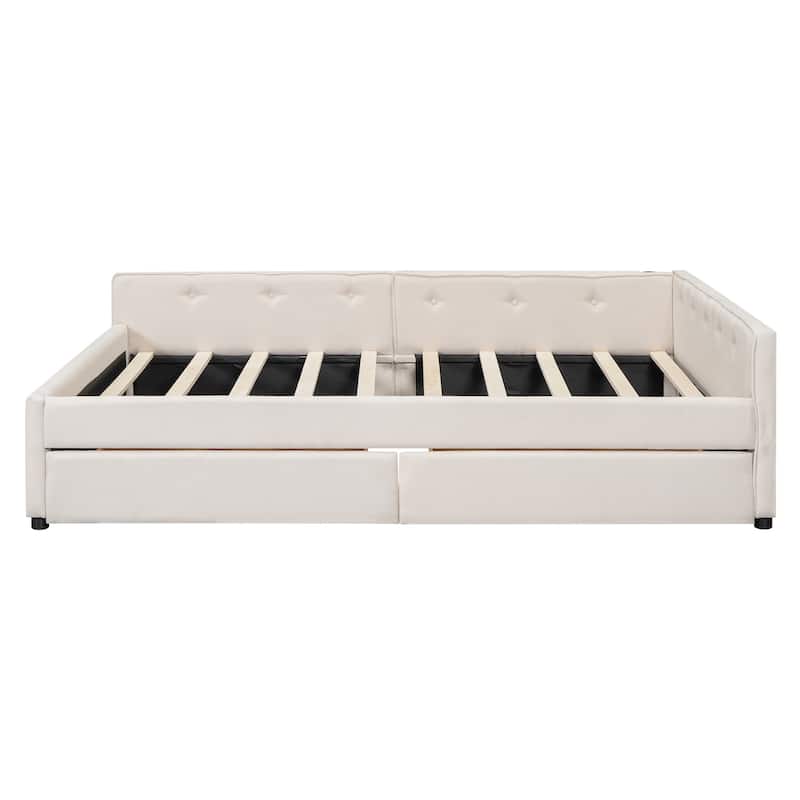 Roomfitters Full/Queen Size Upholstered Platform Bed with USB Port and Storage Base, Beige