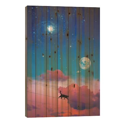 Cat Silhouette In The Sky And Moon Print On Wood by GEN Z - Multi-Color