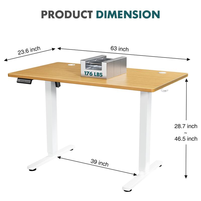 Electric Standing Desk - Adjustable Height Computer Workstation with Memory Settings for Home Office, Gaming & Study - 63"x 24" - Oak