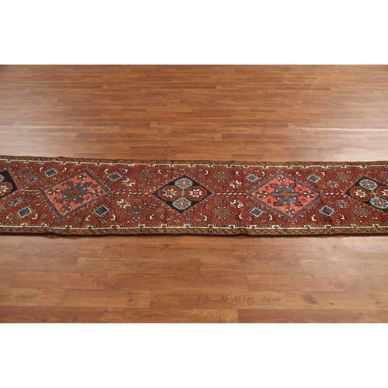 Hand Knotted Oriental 100% Wool Carpet Traditional Geometric Oranges & Rust Heriz (serapi) Runner Rug - 10' 7'' X 2' 1''
