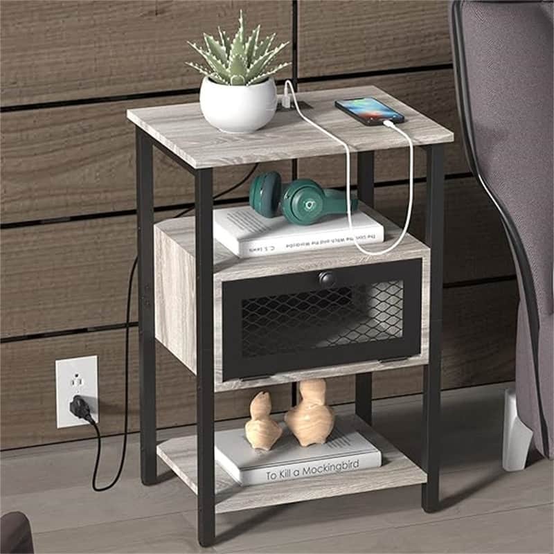 Nightstand with Charging Station - Grey