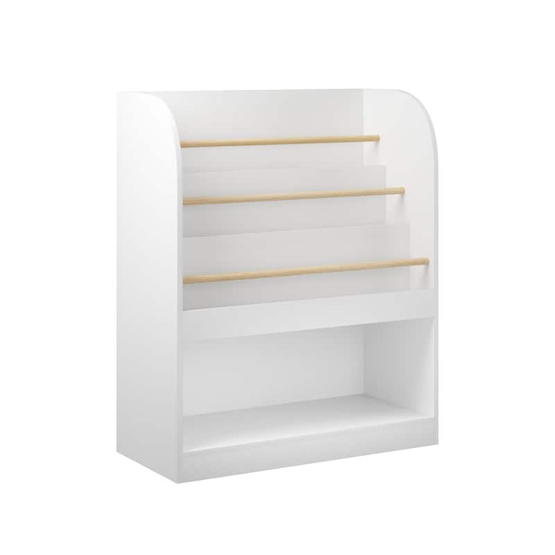 Anmytek 3-Tier Kids Bookcase with Storage Bin, Front-Facing Display for Toddlers, White with Wooden Guardrails