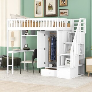 Twin Size Loft Bed Stairs Storage Bed with Bookshelf and Drawers, Desk & Wardrobe