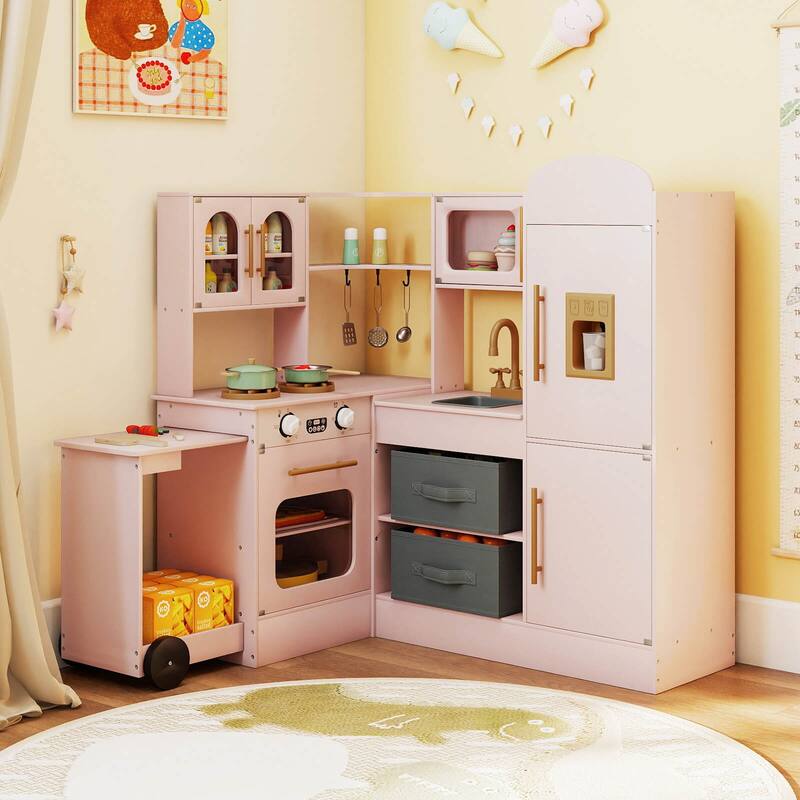 Costway Corner Kitchen with Lights and Sounds Interactive Wooden - See Details