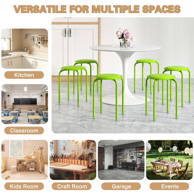 Javlergo Set of 6 Stackable Backless Stools PVC Padded Round Seats with Metal Frame Indoor Outdoor Use for Kitchen Livingroom