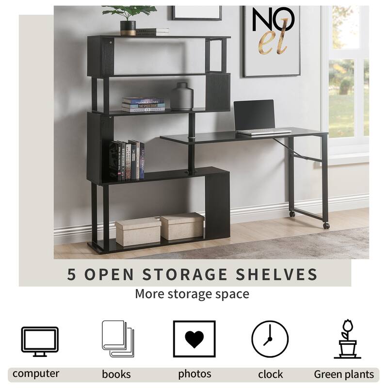 Home Office Computer Desk L-Shaped Corner Table, Rotating Office Desk with 5-Tier Bookshelf & Lockable Casters