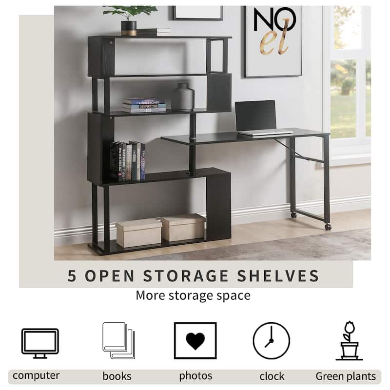 Roomfitters L-Shaped Home Office Desk, Corner Computer Table with 5-Tier Bookshelf, Lockable Casters, 4 Setups, Black
