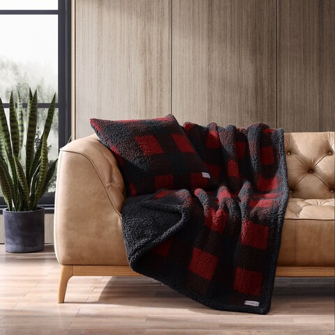 Eddie Bauer Cabin Plaid Faux Shearling Red Throw Blanket & Pillow Set