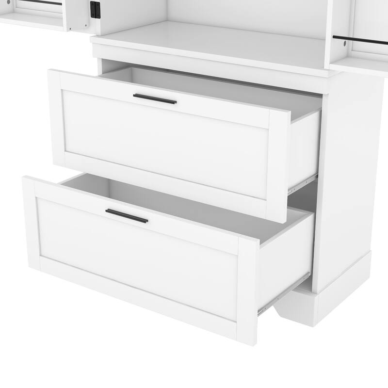 Modern Farmhouse Style Wooden Storage Cabinet with Inside Door Storage Divider, Kitchen Pantry with 2 Drawers