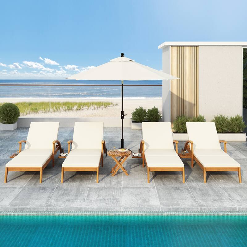 Wood Outdoor Chaise Lounge Set with Wheels, Adjustable Backrest, Foldable Side Table and Cushions for Poolside Balcony
