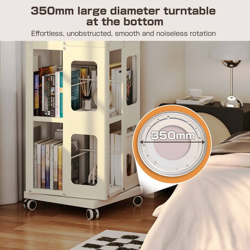 Rotating Bookshelf Tower 4 Tier All-Steel with 360° Wheels，Moveable Storage Rack Corner Bookshelf