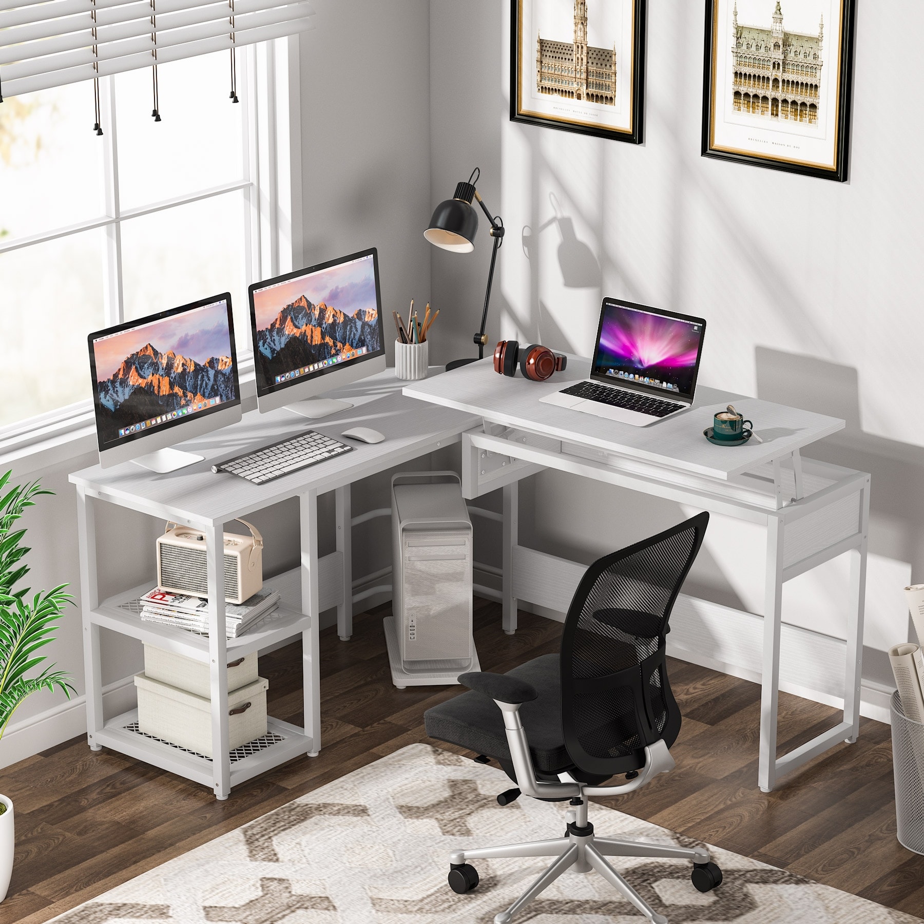 L Shaped Desk with Lift Top, Rustic Height Adjustable Standing Desk  Workstation for Home Office - Overstock - 35178053