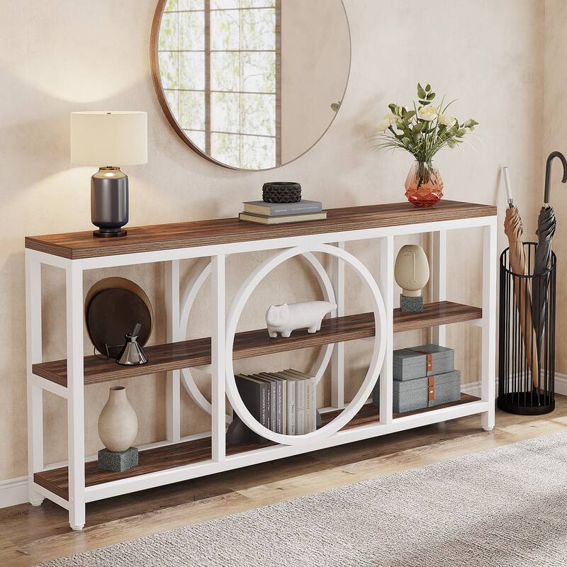 Extra Long Console Table, 70.9 inch Narrow Sofa Tables with 3 Tier Wood Storage Shelves, Rustic Brown Black - 11.75" * 70.9"