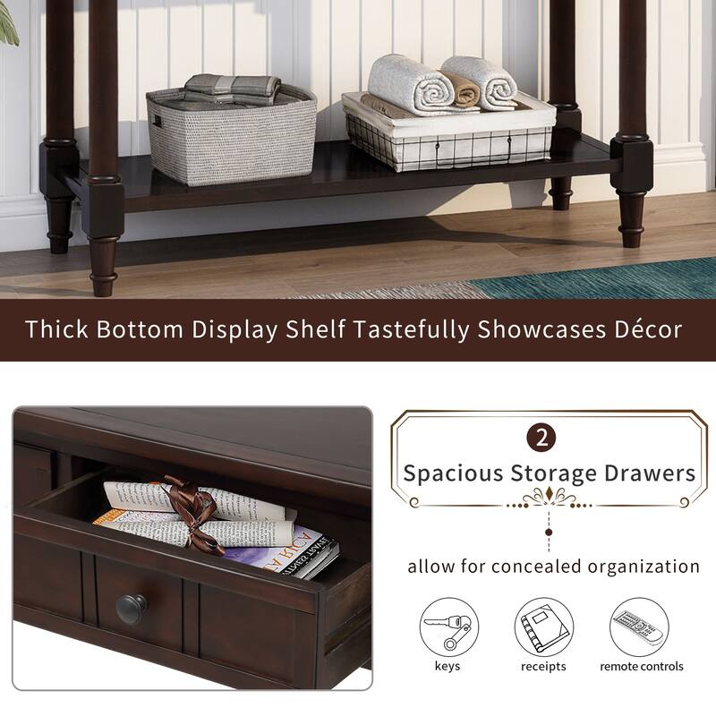 35" Solid Wood Entryway Console Table with 2 Drawers and Bottom Shelf