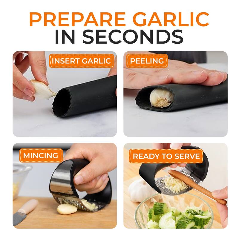 Cheer Collection Stainless Steel Garlic Press Rocker Set with Peeler Scraper and Cleaning Brush Black