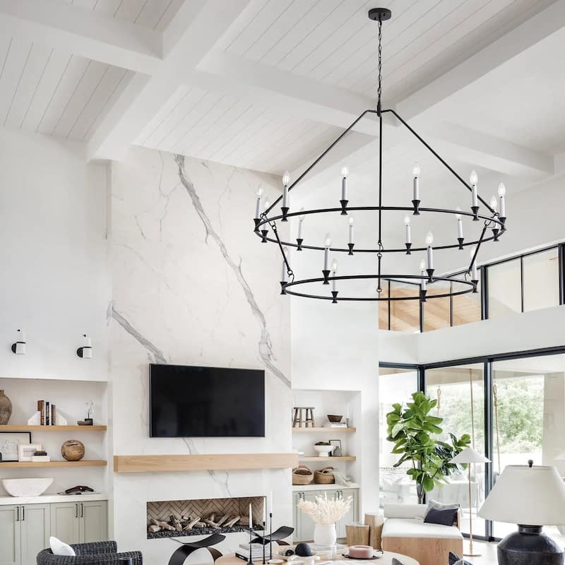 18-Lights Black Wagon Wheel Candle Chandelier - 49.2"D×5.1"W×130.4"H(Adjustable)