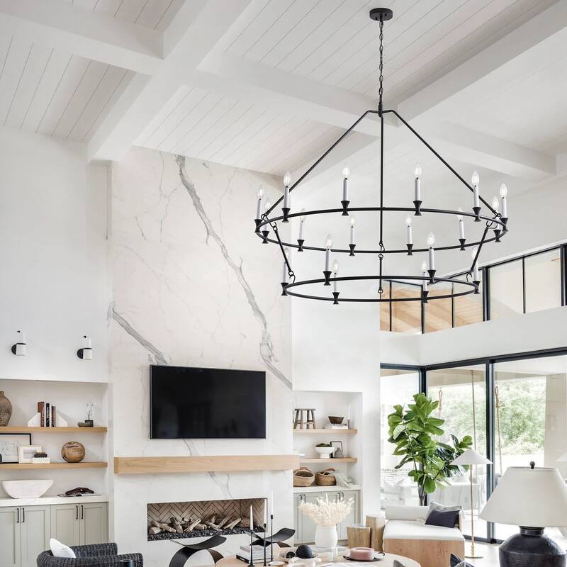 Farmhouse Black 18-Light Wagon Wheel 2-Tier Candle Chandelier