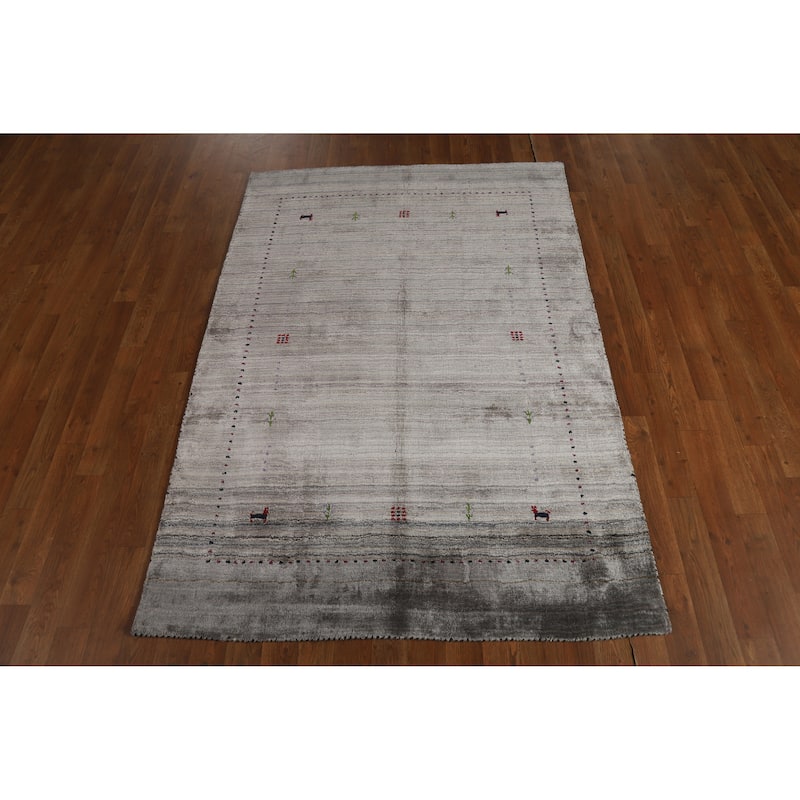 Hand Knotted Oriental 100% Wool Carpet Tribal Animal Pictorial Greys & Charcoal Gabbeh Area Rug - 5' 9'' X 4' 1''