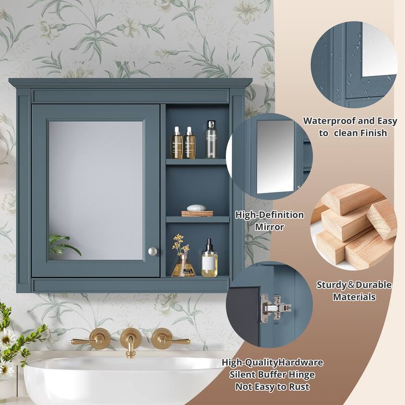Roomfitters 30x28 Inch Medicine Cabinet, Wall Mounted Mirror Cabinet with 3 Open Shelves & Adjustable Interior Storage, Blue