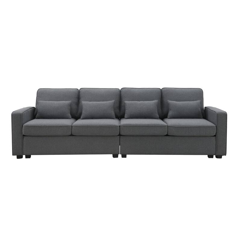 4-seater Modern Linen Fabric Sofa with Armrest Pockets and 4 Pillows, Minimalist Upholstered Living Room Sofa with Soft Armrests