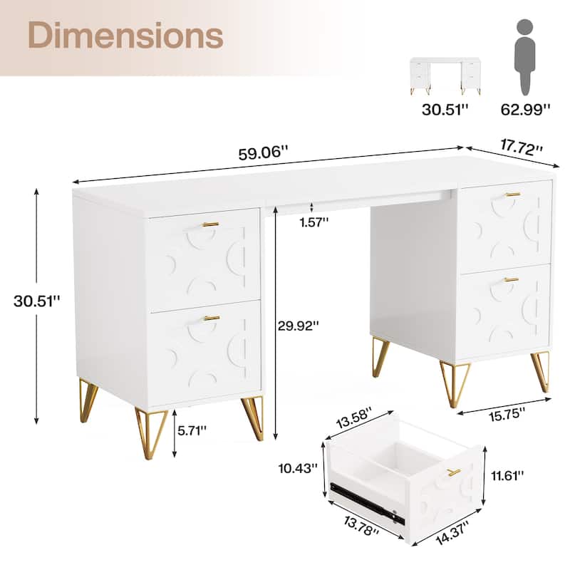 59'' Modern Computer Desk with File Drawers for Home Office