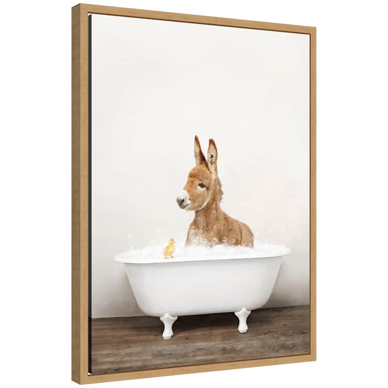 Kate and Laurel Sylvie Baby Donkey in Rustic Bathtub Framed Canvas by Amy Peterson - Natural