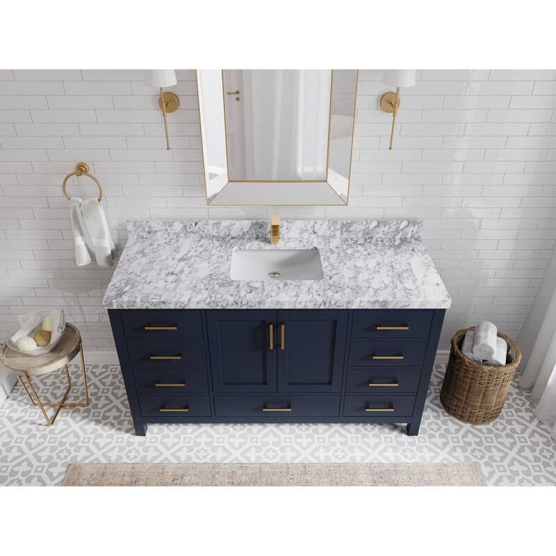 Willow Collections 60 in. W x 22 in. D Malibu Single Sink Bathroom Vanity with Countertop - 2" Carrara Marble - Navy Blue