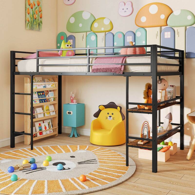 Costway Twin Size Low Loft Bed with Storage Shelves Ladder Full-length