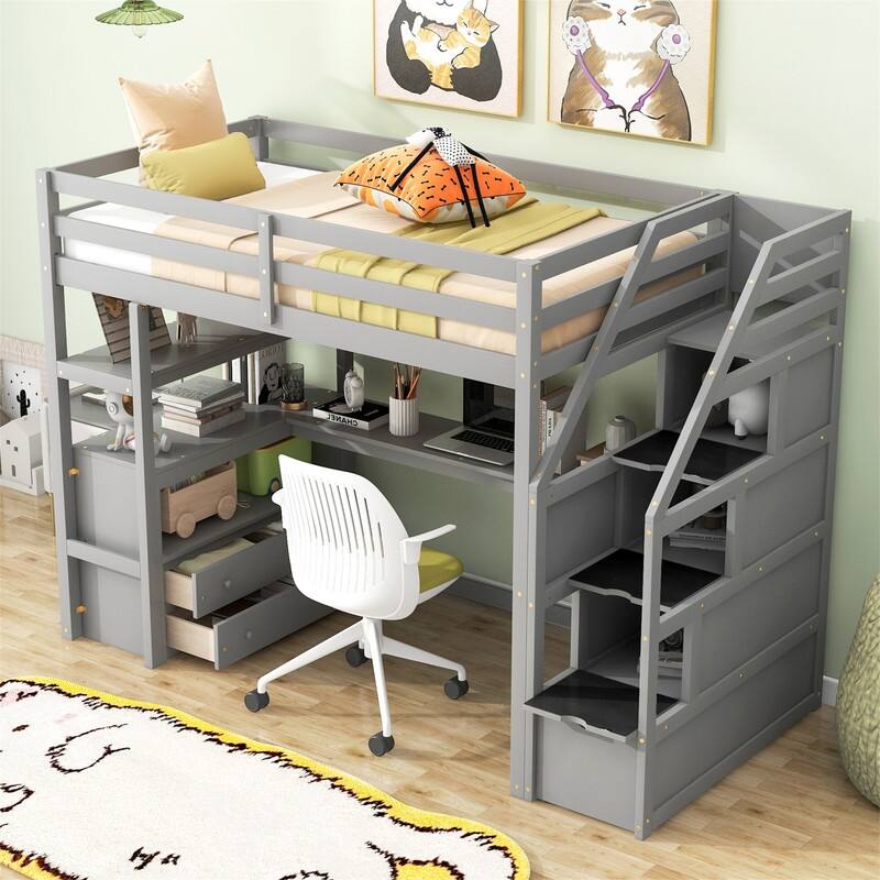 Twin/Full Size Stairway Loft Bed with Built-in Desk with Two Drawers, Solid Wood Bed Frame with Storage Shelves for Kids Teens
