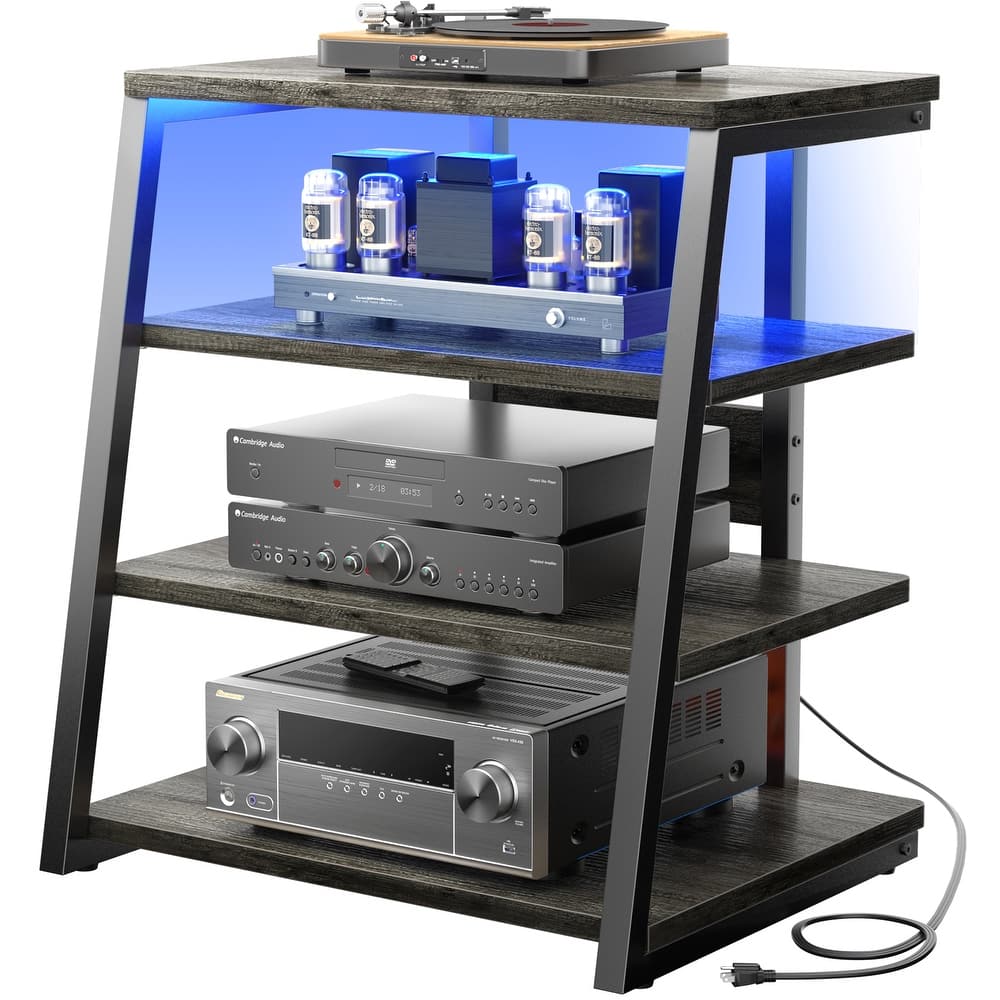 4-Tier Wooden AV Component Media Stand Stereo Cabinet with Power Outlets and LED Lights