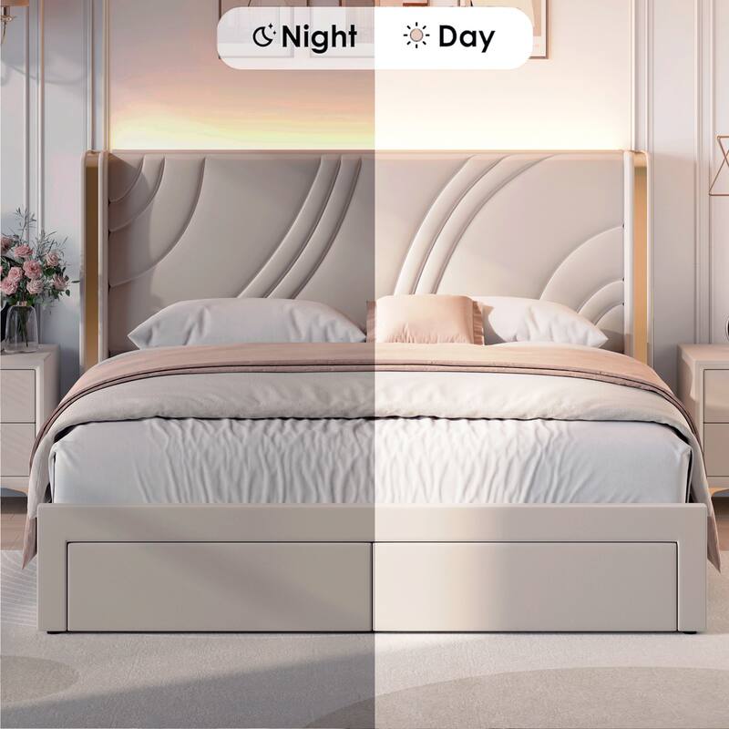 King Upholstered LED Storage Bed - Velvet - Beige