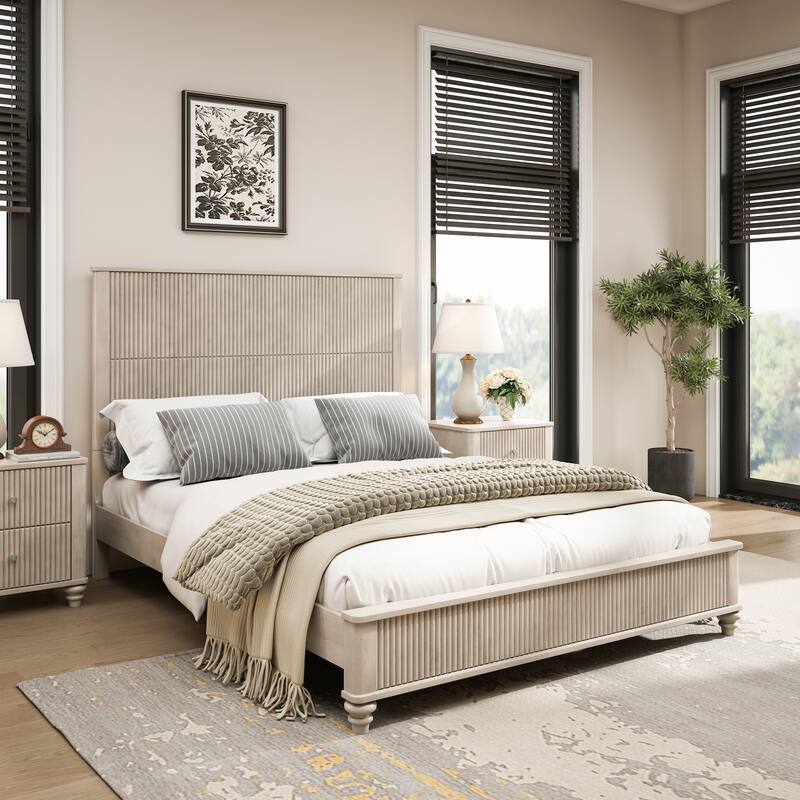 Bedroom Set with Wooden Platform Bed and Nightstands - Beige(1 Bed+2 Nightstands) - Queen - 3 Piece