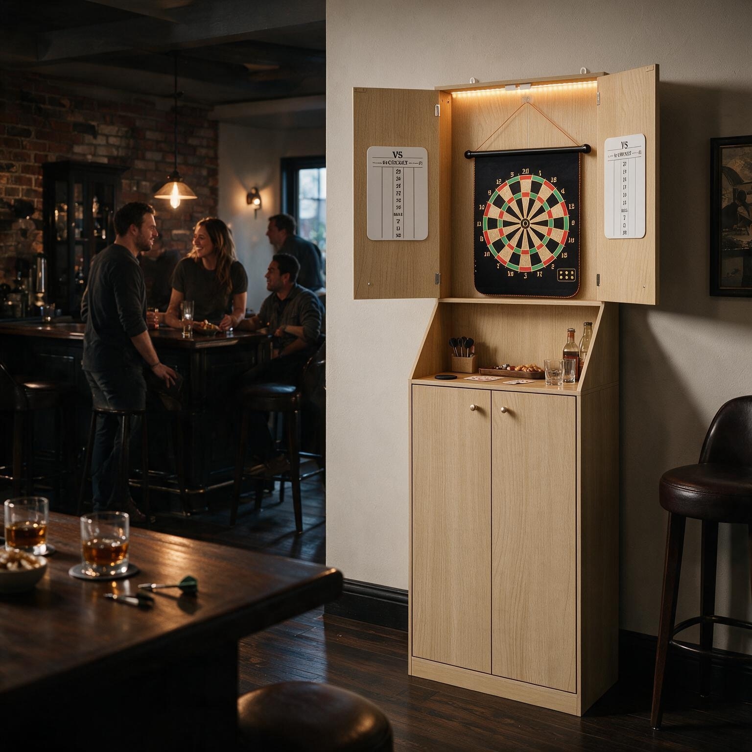 Freestanding Dartboard Cabinet with LED Lighting,Double Scoreboards,Game Room Storage Cabinet