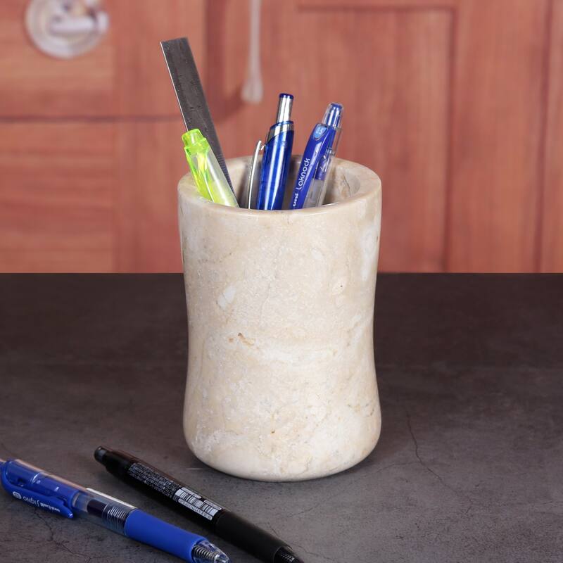 Creative Home Curvy Collection Champagne Marble Tumbler, Toothbrush Holder, Makeup Brush Organizer - Beige