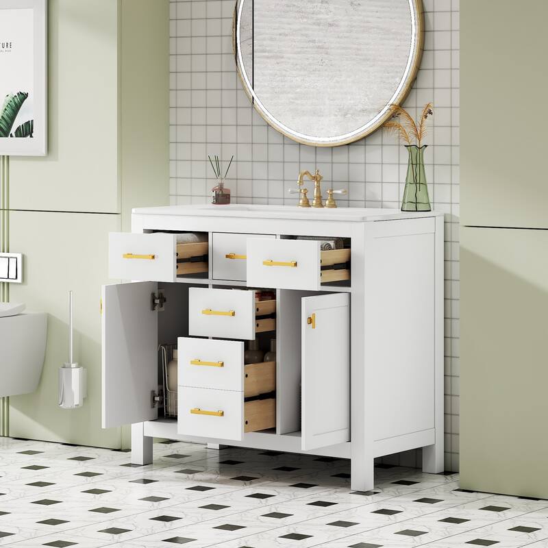 36" Bathroom Vanity with Ceramic Sink Set- Solid Wood Frame, Freestanding Storage Cabinet