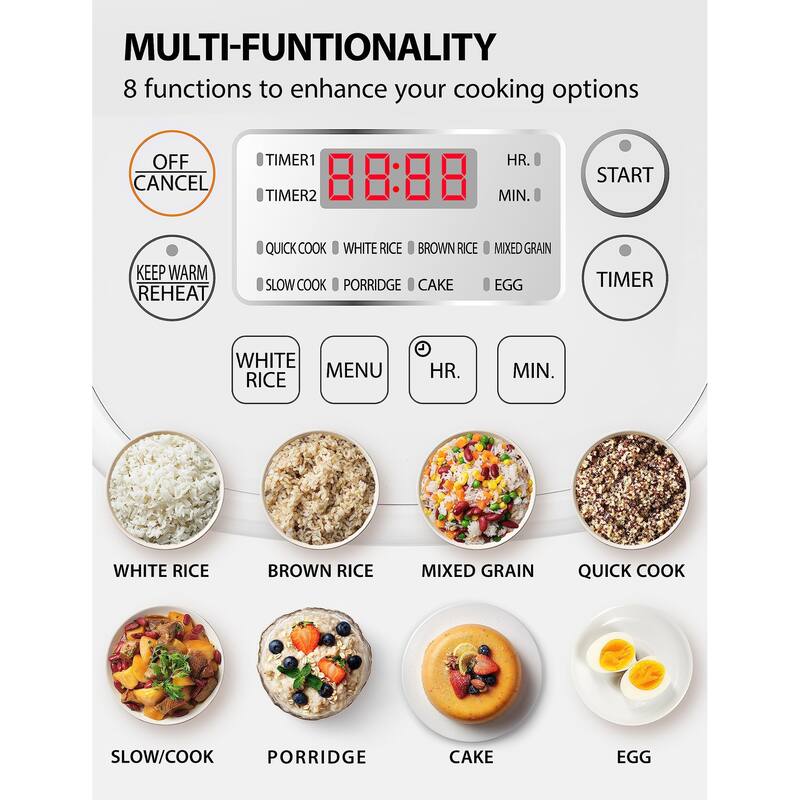3 Cup Uncooked Rice Cooker, LCD Display with 8 Cooking Functions, Fuzzy Logic Technology, 24Hr