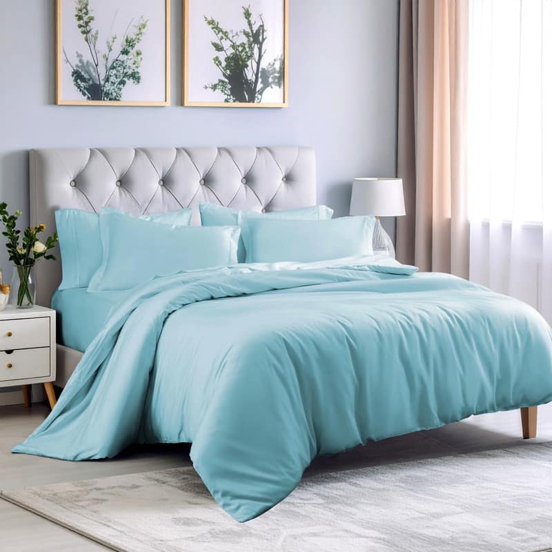 Superior 300 Thread Count Rayon From Bamboo Solid Duvet Cover Set - Full - Queen - Light Blue
