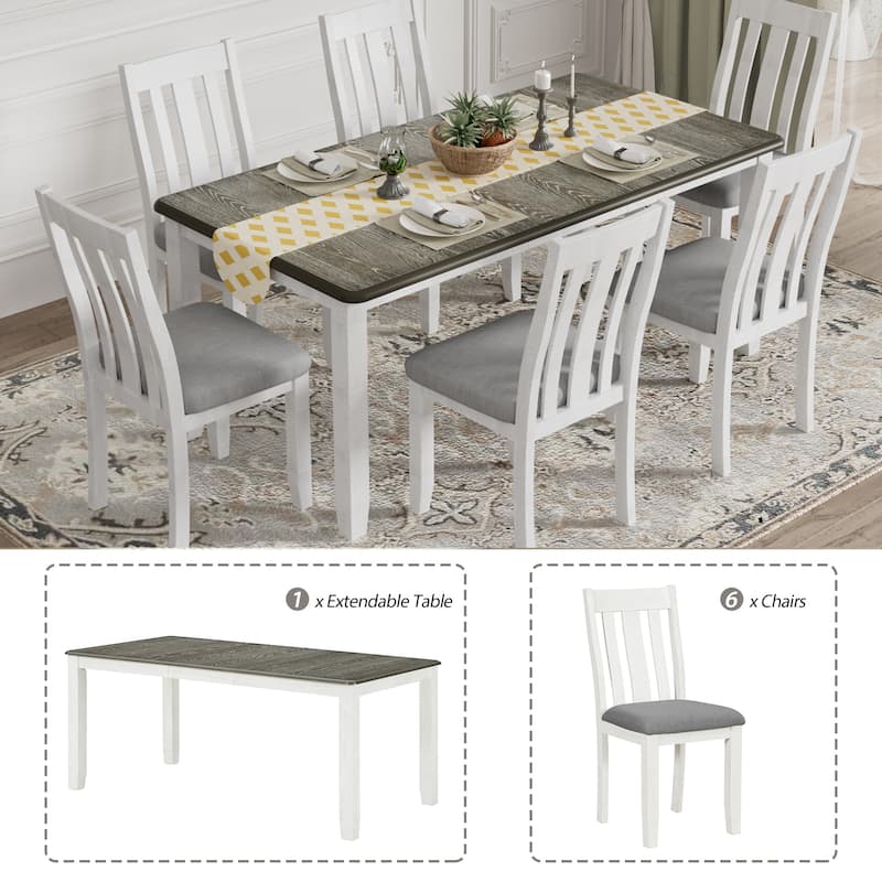 Antique Brown Wooden Extendable Dining Table, Upholstered Chairs with Wooden Legs, Exquisite Dining Table and Chairs Set for 6