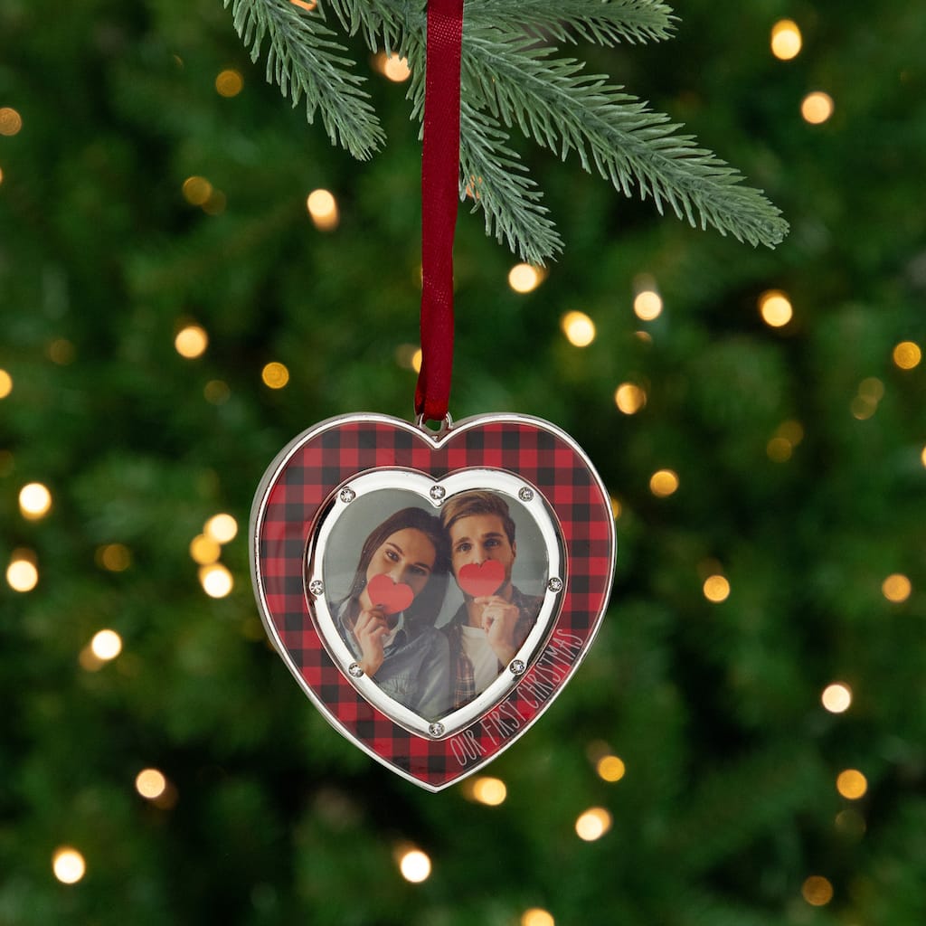 3" Silver Plated Buffalo Plaid Heart Shaped Picture Frame Ornament