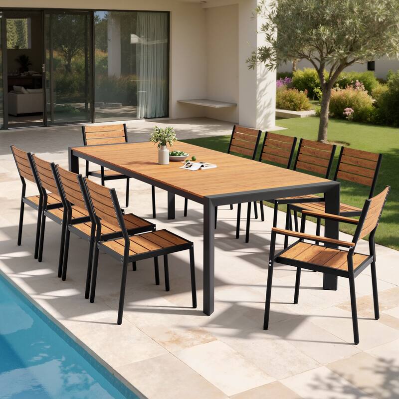 Set of 11 Outdoor Patio Dining Set WoodLike Table Top Aluminum Rectangular Umbrella Hole Table with Stackable Chairs Set - Brown