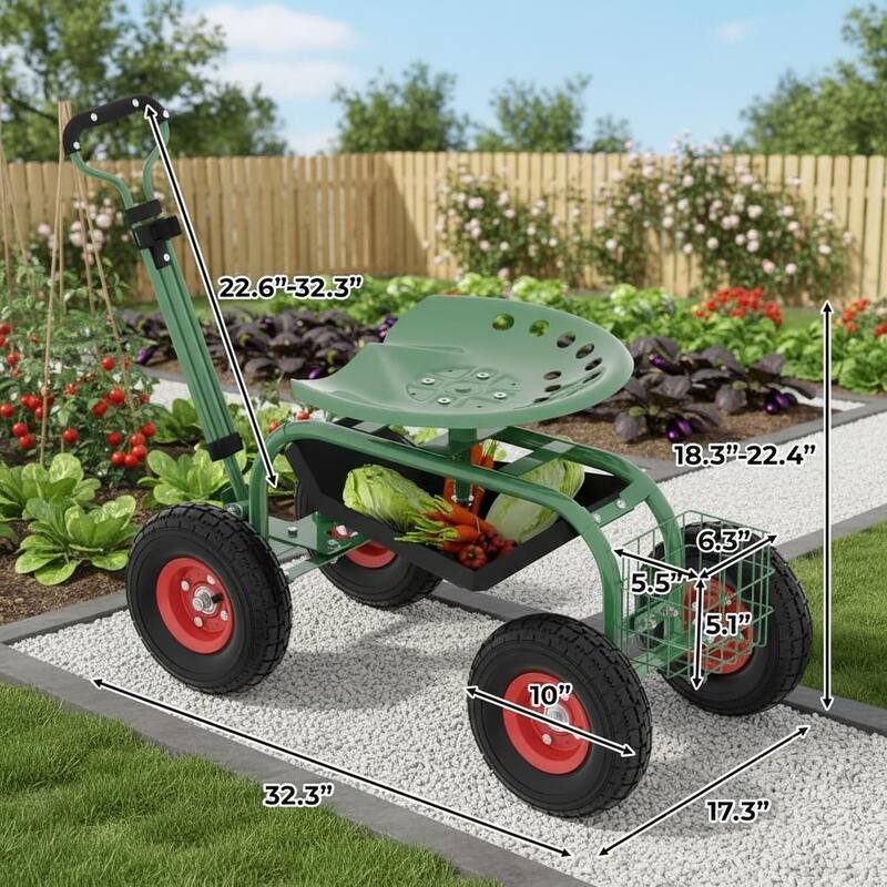 Garden Scooter Rolling Work Seat, 360° Swivel