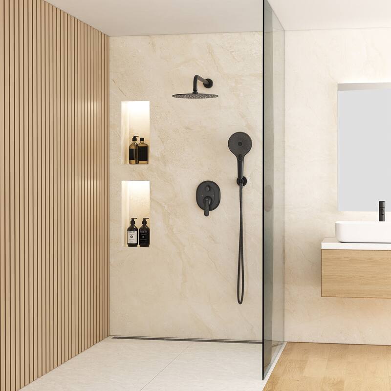 2-Functions Wall Mount Shower System Rainfall Shower Head - Matte Black 10 inch