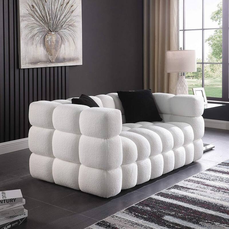 Modern Marshmallow Boucle Sofa with Solid Wood Frame and 2 Pillows