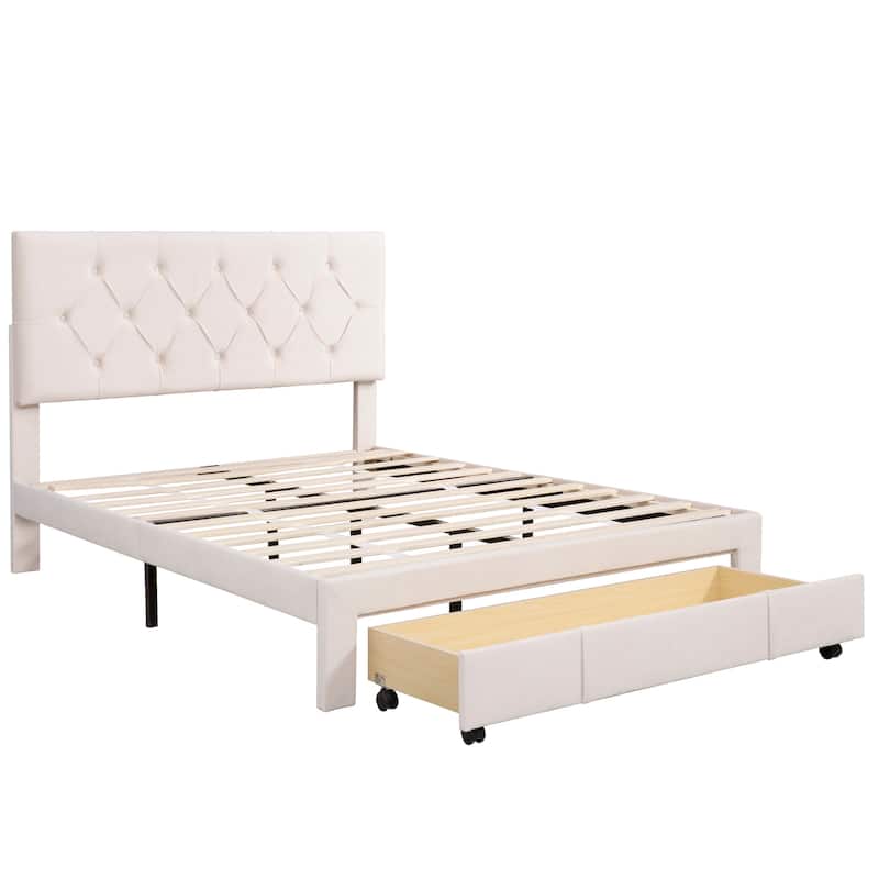 Storage Bed Velvet Upholstered Platform Bed with a Big Drawer