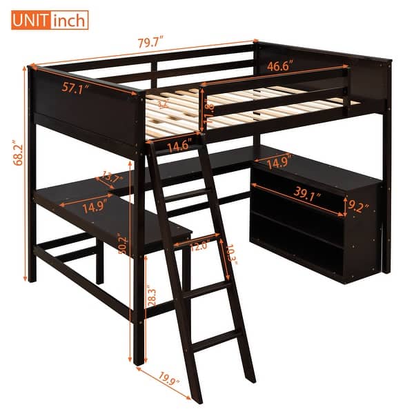dimension image slide 2 of 3, Full Loft Bed with Shelves & Desk - Ideal for Study Spaces