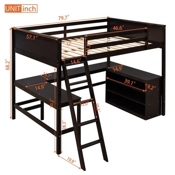 dimension image slide 0 of 3, Full Size Wooden Loft Bed with Desk and Shelves, Space-Saving Design