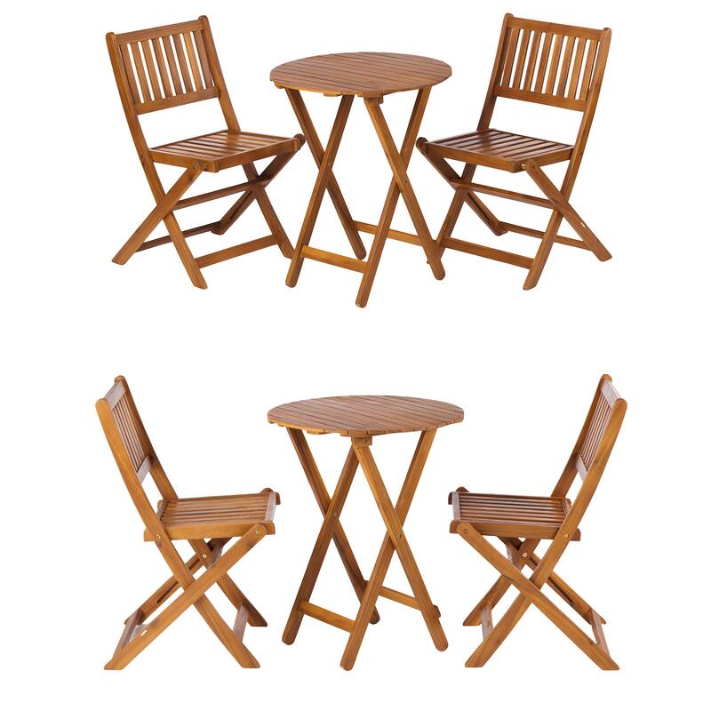 Farmhouse 3-Piece Acacia Bistro Set, Foldable Wood Patio Furniture with Coffee Table & Chairs, Space-Saving Set