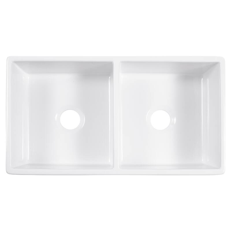 Turner Crisp White Fireclay 33" Double Bowl Farmhouse Apron Front Undermount Kitchen Sink with Bruton Black Faucet Kit