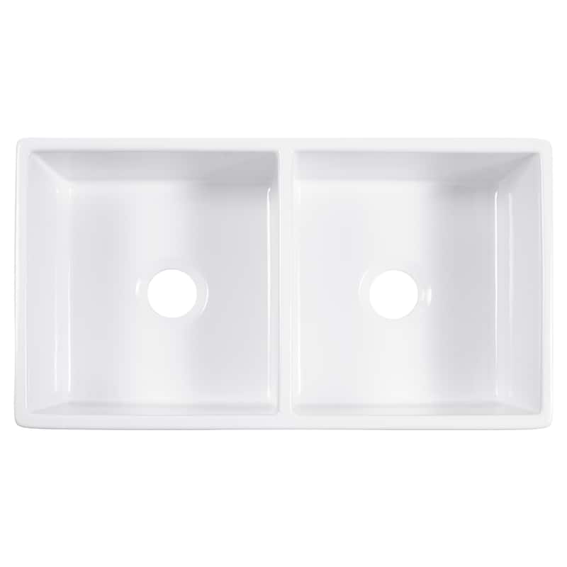 Turner Crisp White Fireclay 33" Double Bowl Farmhouse Apron Front Undermount Kitchen Sink with Bruton Chrome Faucet Kit