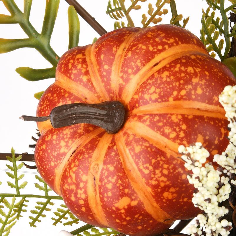 National Tree Company Harvest Flower Circle Hanging Decoration with Fern Fronds, Leaves, Pumpkins, Twig Cones, 13 in. - 13 in